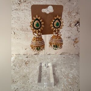 Artisan-Made Gold & Green Jhumka Earrings with Pearls Statement Jewelry